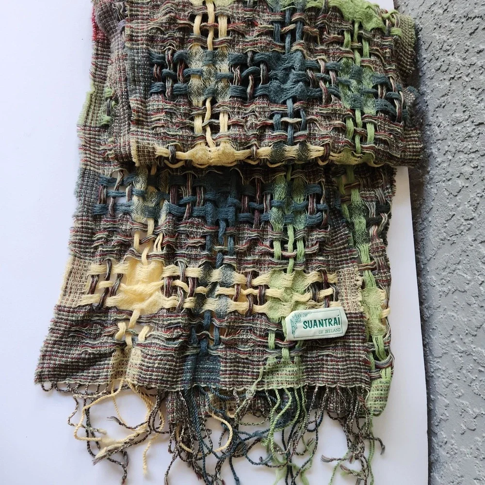 Suantrai of Ireland 100% Wool Scarf Green Yellow Brown Open Weave Fringe
